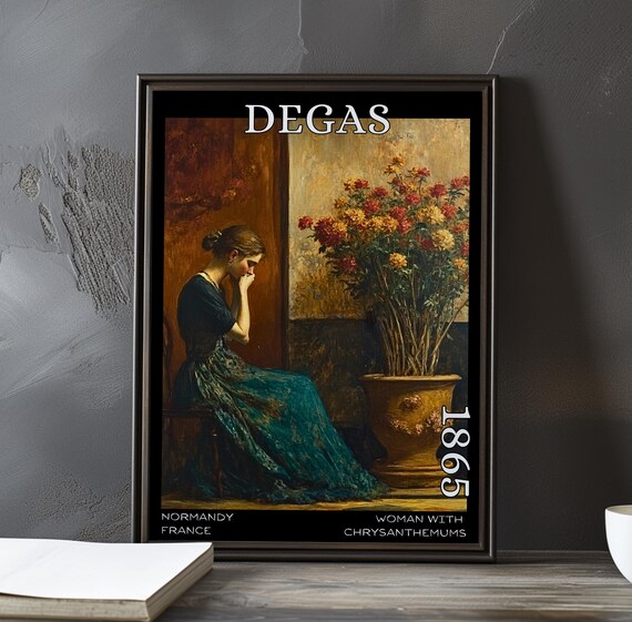 Edgar Degas Woman With Chrysanthemums 1865 Dark Teal Gown Poster