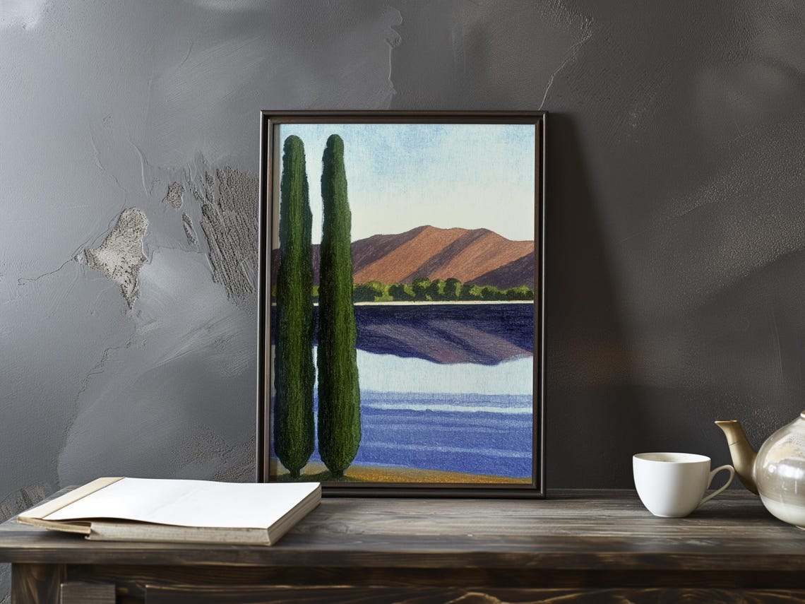 Vallotton Inspired Tall Cypress Trees by a Mountain Lake Poster