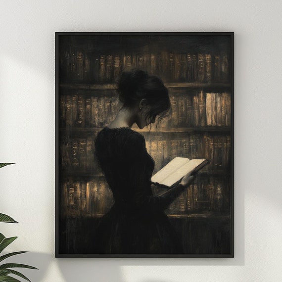 Dark Academia Wall Art Woman Reading Wall Decor Vintage Oil Painting Moody Goth Gothic Library Book Lover Gift