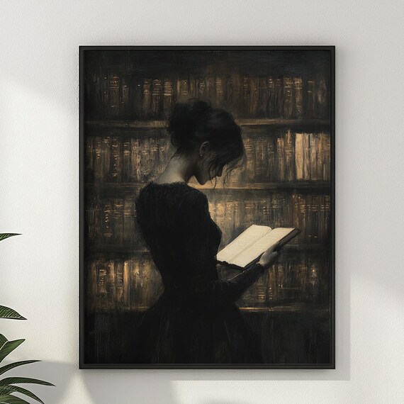 Woman Reading in Dark Library Moody Vintage Oil Painting Wall Poster
