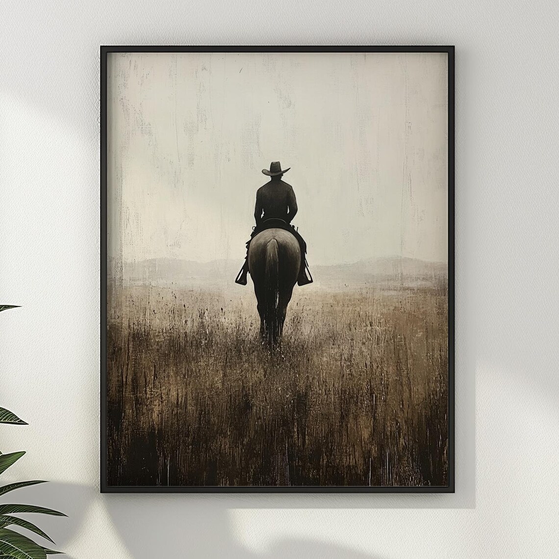 Lone Cowboy Riding Into Misty Morning Field Sepia Western Wall Art