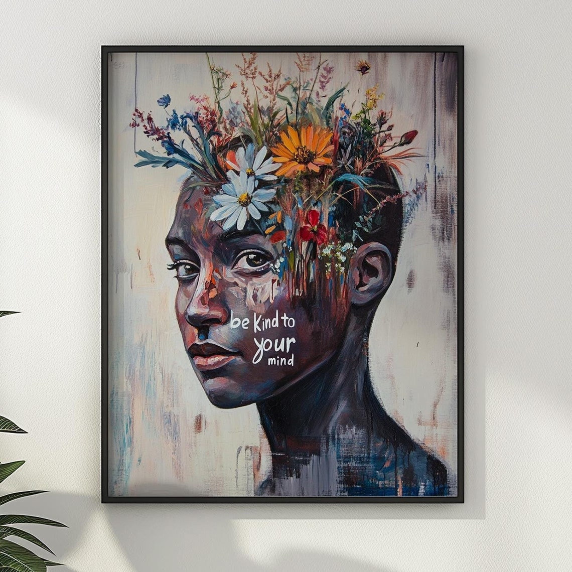 Be Kind To Your Mind Poster Print Wall Art Mental Health African Woman Wildflower Floral Positivity Therapy Wall Decor Gifts Matte Poster