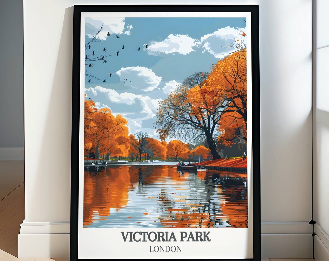 Victoria Park London Autumn Lake Rowboat Golden Reflection Poster