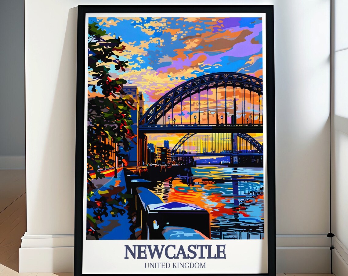 Newcastle Tyne Bridge Sunset Quayside River Walk Vibrant Travel Poster