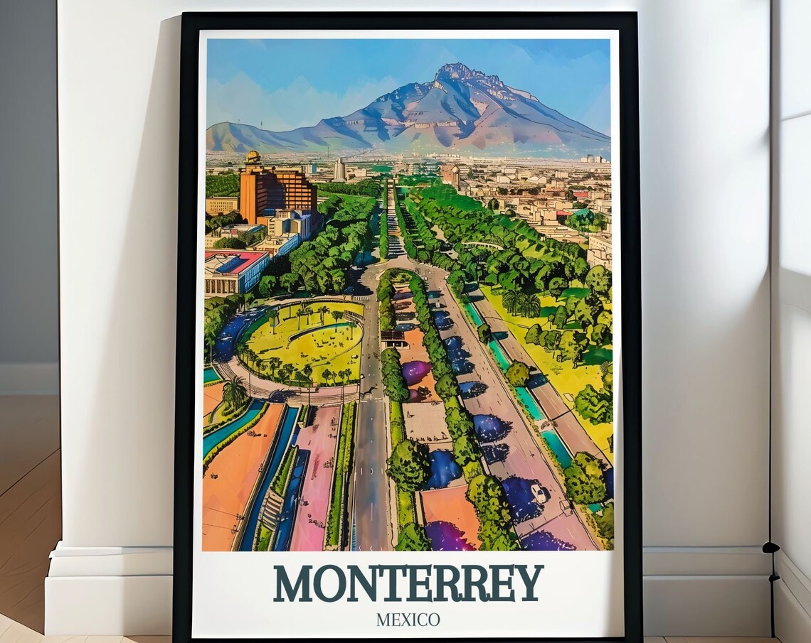 Monterrey Aerial City Panorama Mountain Mexico Travel Poster