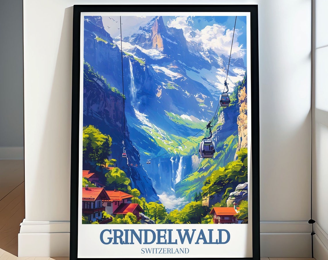 Grindelwald Gondolas Glacier Gorge Waterfall Switzerland Poster