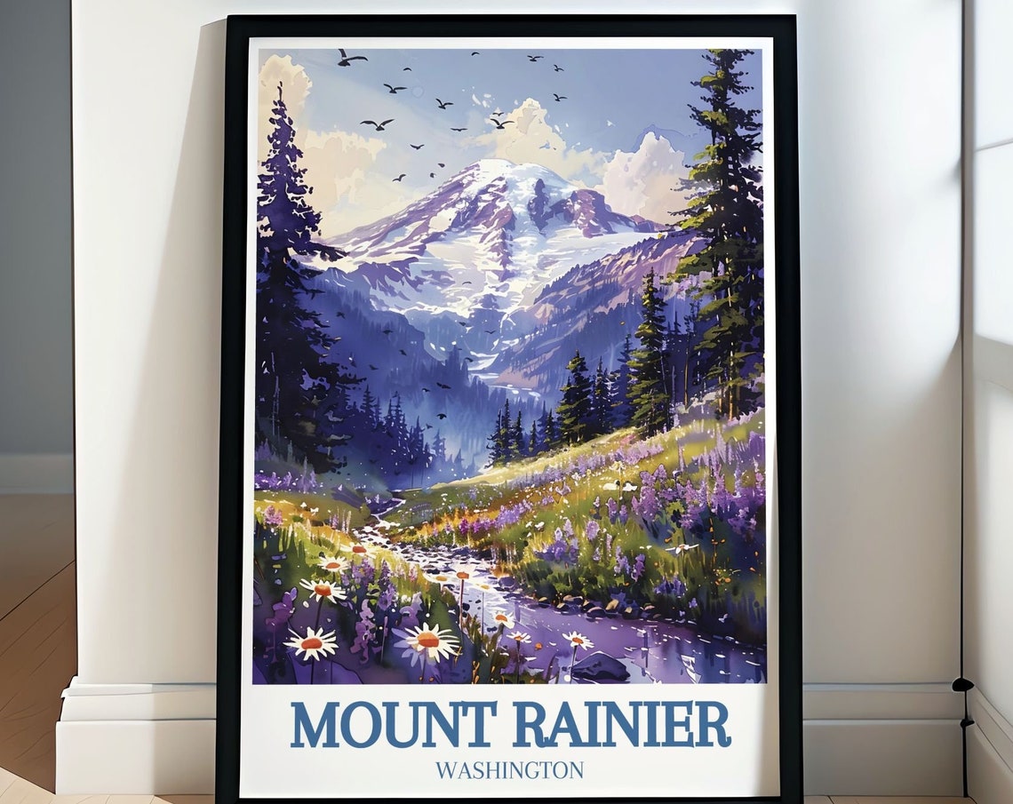 Mount Rainier Washington Wildflower Meadow and Stream Travel Poster