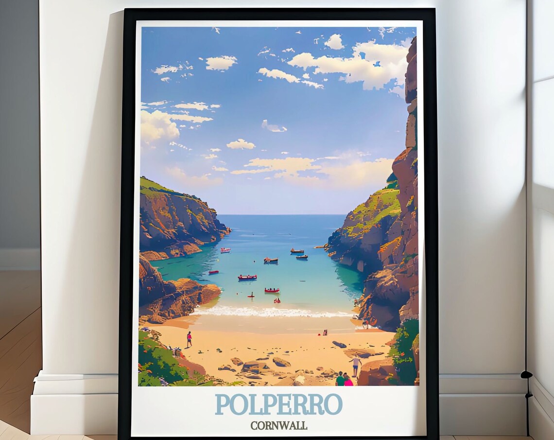 Polperro Cornwall Sunny Cove Beach and Red Fishing Boats Poster