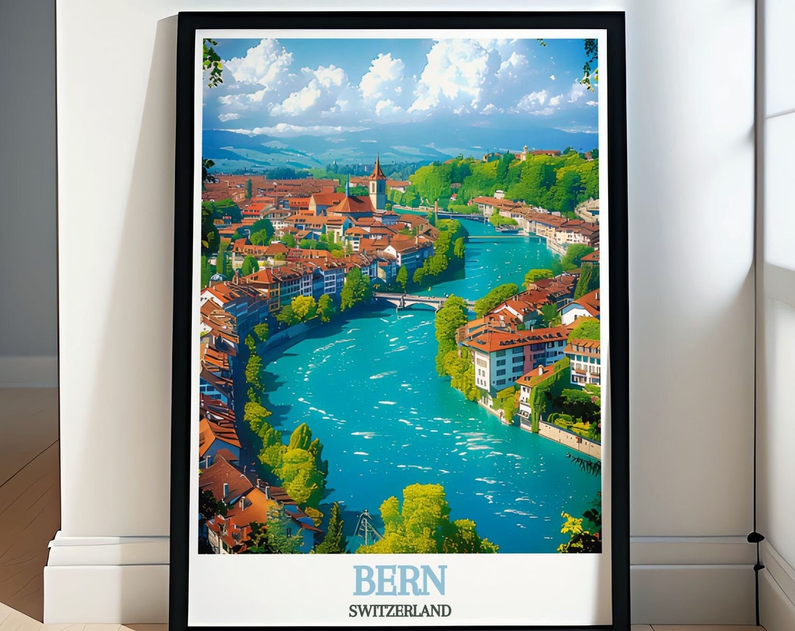 Bern Switzerland Aare River Old Town Illustrated Travel Poster