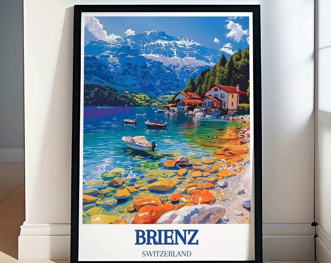 Brienz Switzerland Village Shoreline Boats Beneath Snowy Alps Poster