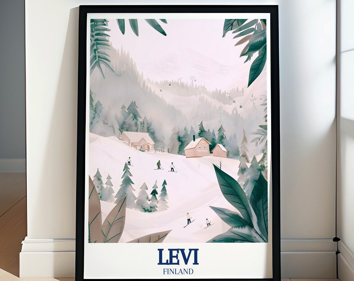 Dreamy Levi Finland Ski Resort Poster Pastel Watercolor Travel Art