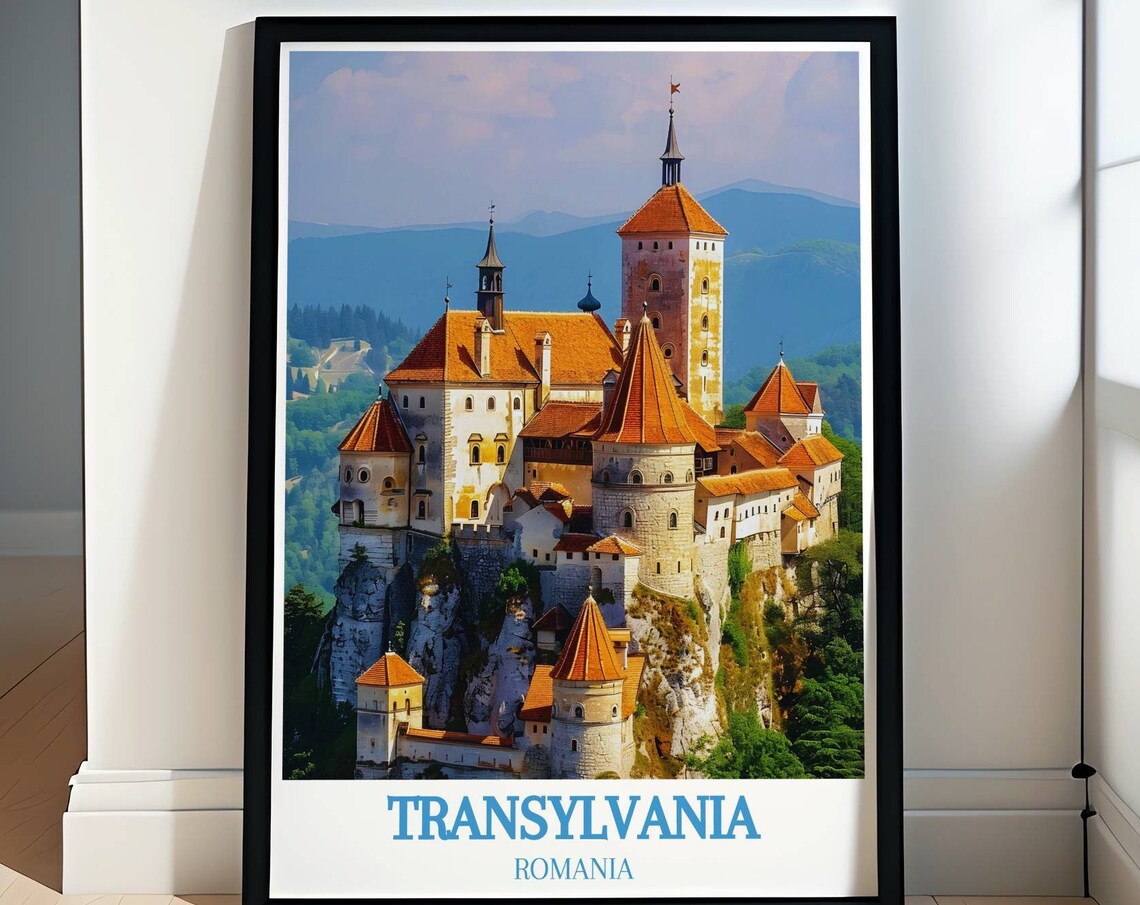 Transylvania Romania Travel Poster Bran Castle Red Rooftops View