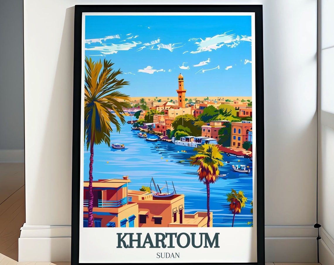 Khartoum Waterfront With Mosque Minaret and Palm Trees Travel Poster
