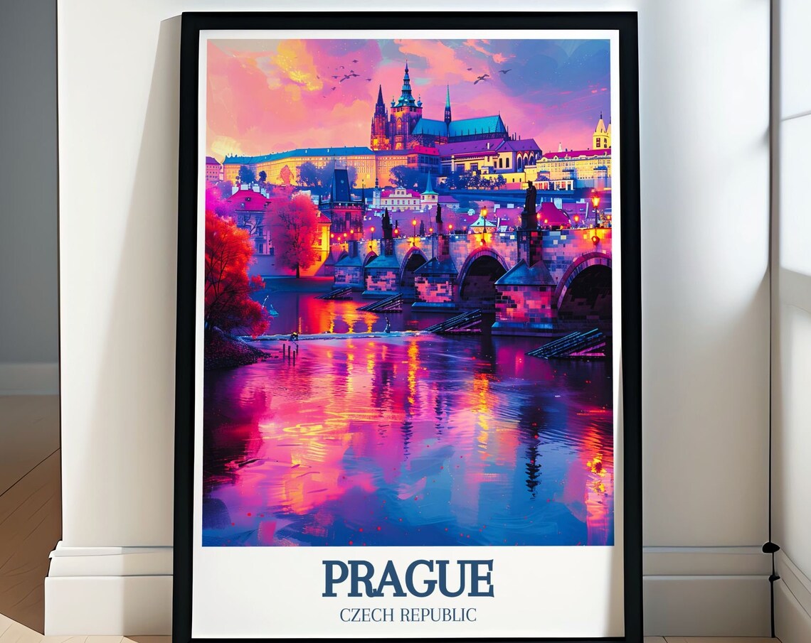 Prague Charles Bridge and Castle Illuminated at Dusk Travel Poster