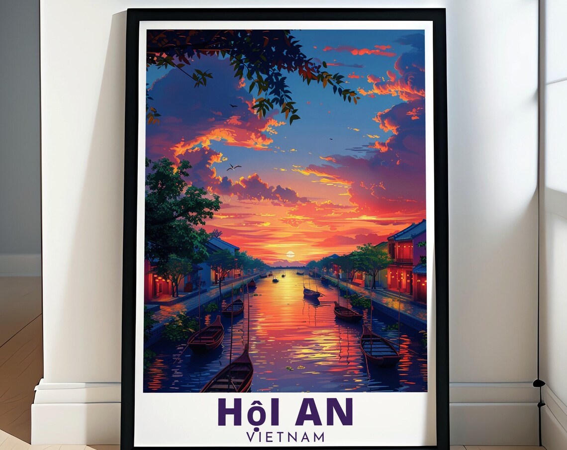 Thu Bon River Sunset With Wooden Boats Hoi An Vietnam Travel Poster