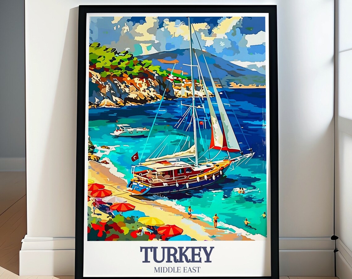 Turkey Gulet Sailboat Turquoise Coast Colorful Beach Painting Poster