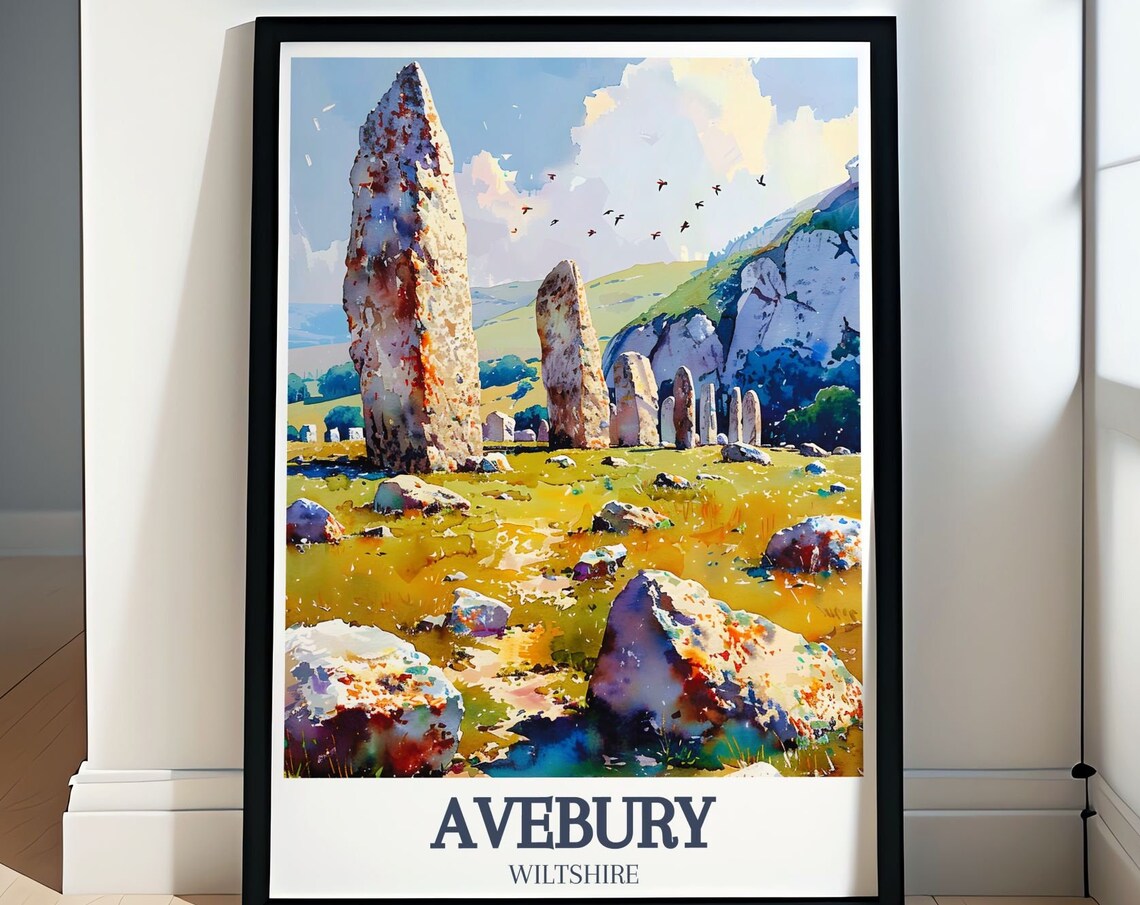 Avebury English Stone Circle Meadow Hills Watercolor Travel Poster