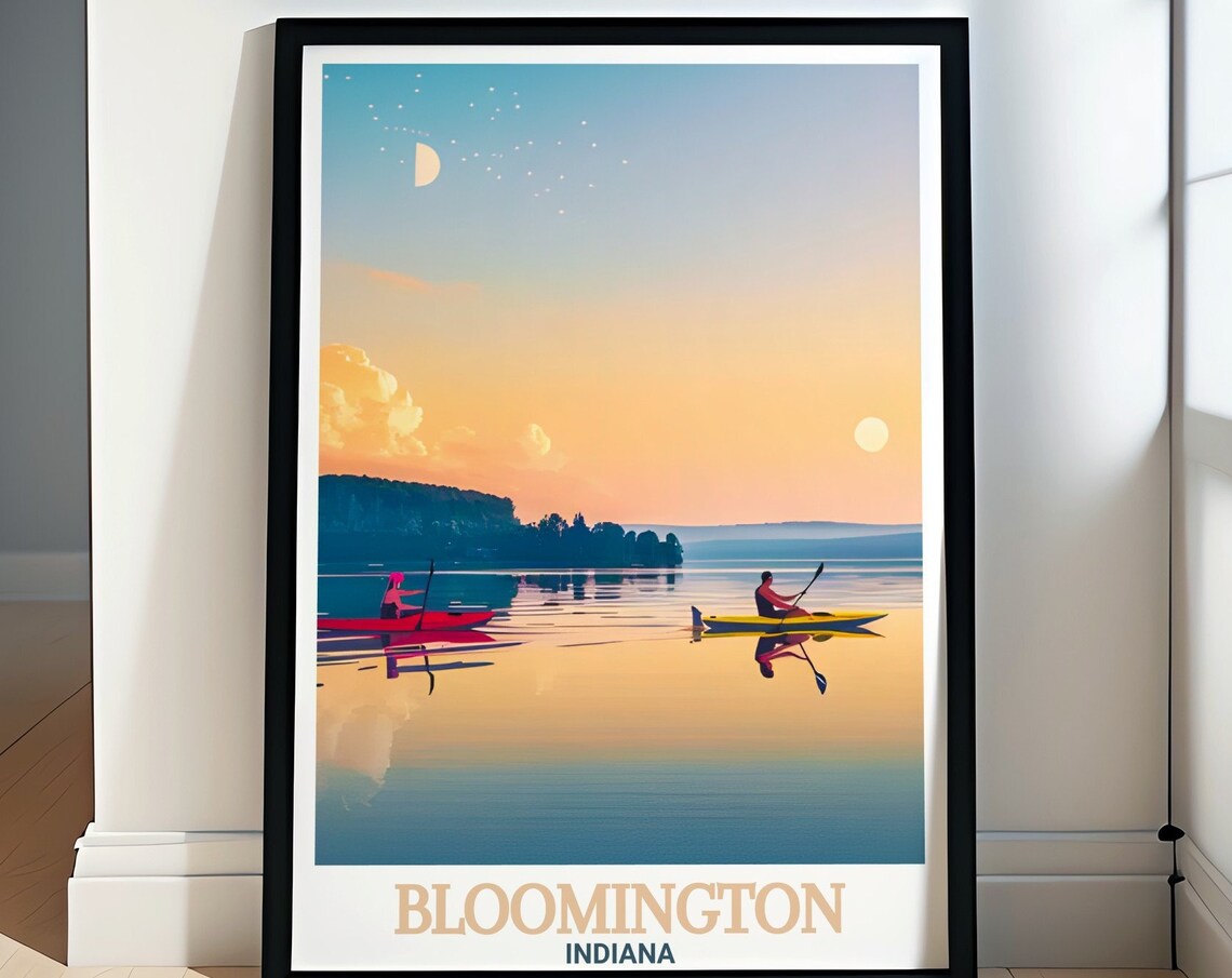 Bloomington Indiana Kayakers Sunset Lake Monroe Travel Poster