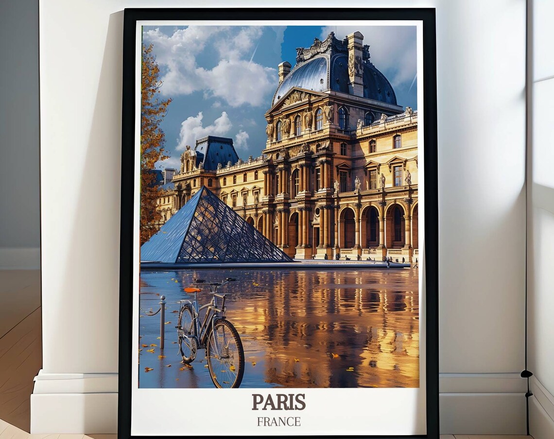 Paris France Louvre Pyramid Golden Reflections Bicycle Scene Poster