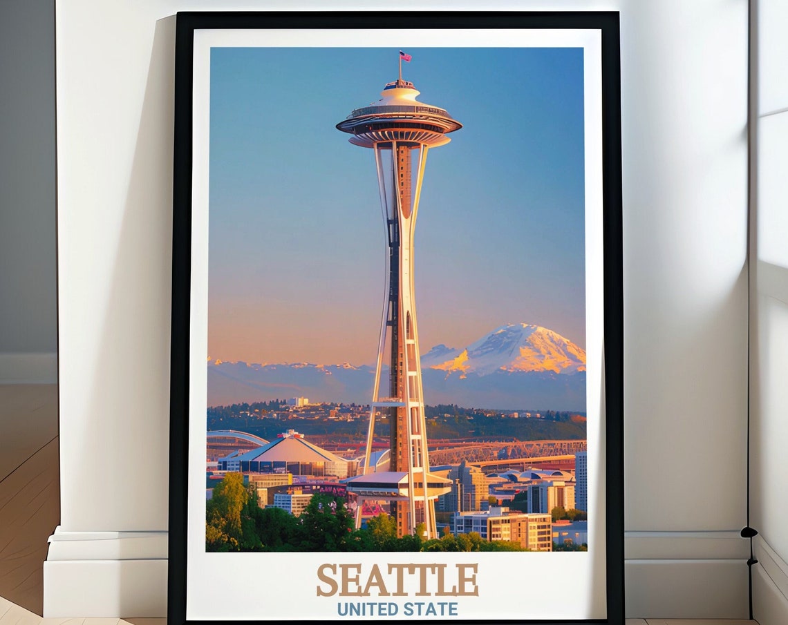 Seattle Space Needle Sunset Skyline With Mount Rainier Poster