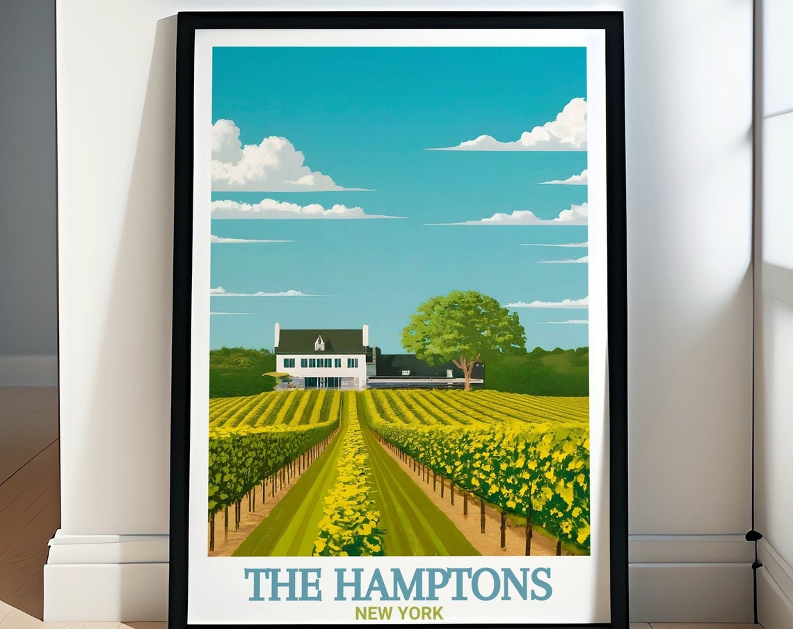 The Hamptons Vineyard Estate Illustrated Summer New York Poster