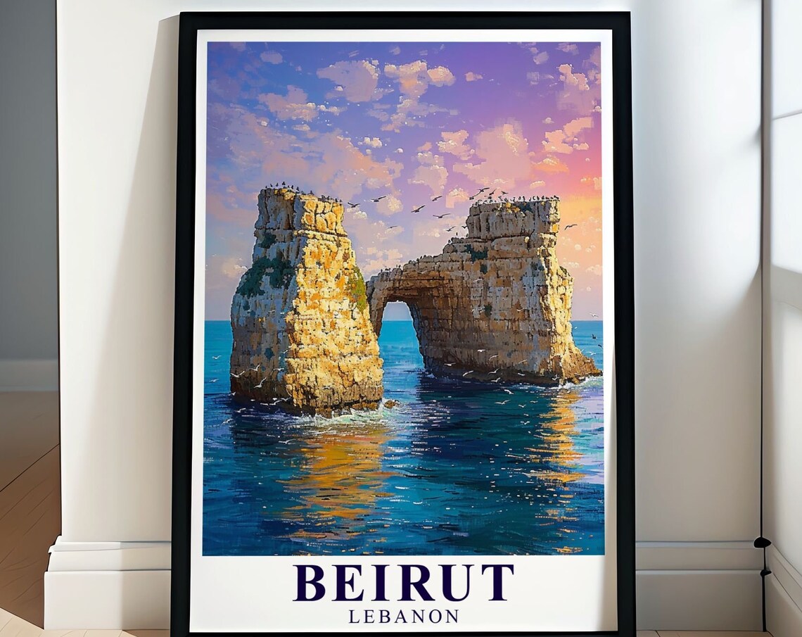 Beirut Lebanon Pigeon Rocks Sea Arches Sunset Mediterranean Poster