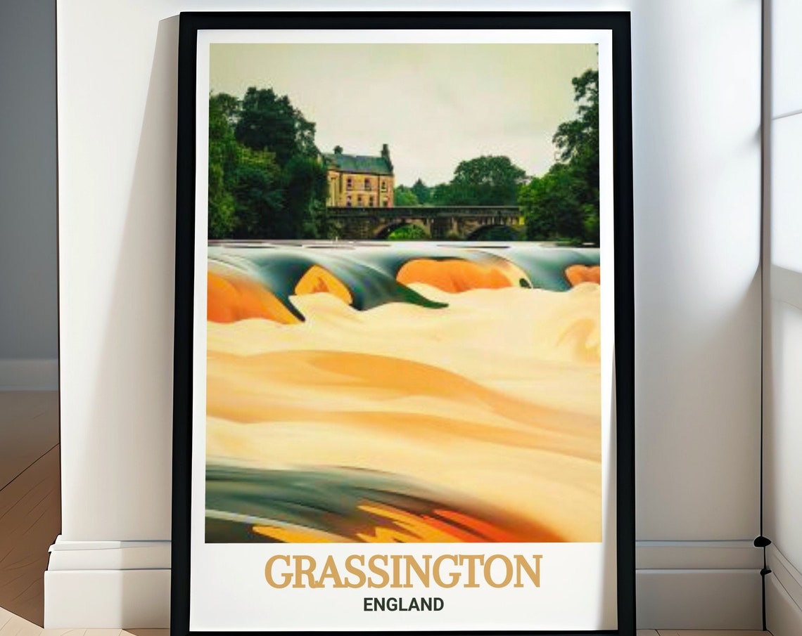 Grassington England Linton Falls Bridge Rapids Travel Poster