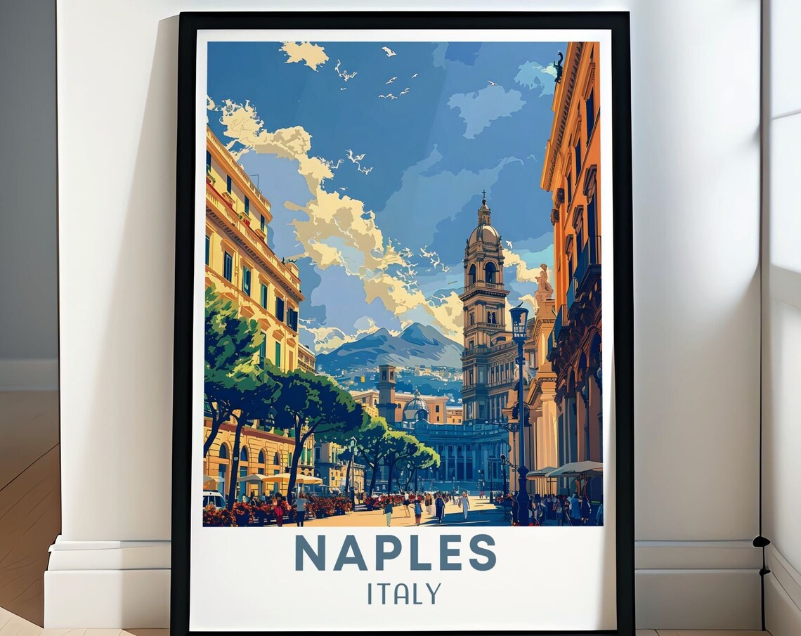 Naples Italy Piazza del Plebiscito Travel Poster With Vesuvius View