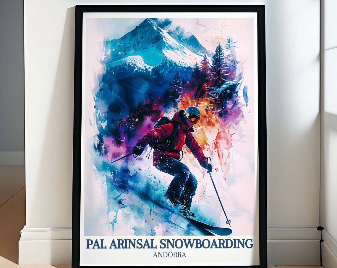 Pal Arinsal Skier Carving Powder in a Colorful Watercolor Poster