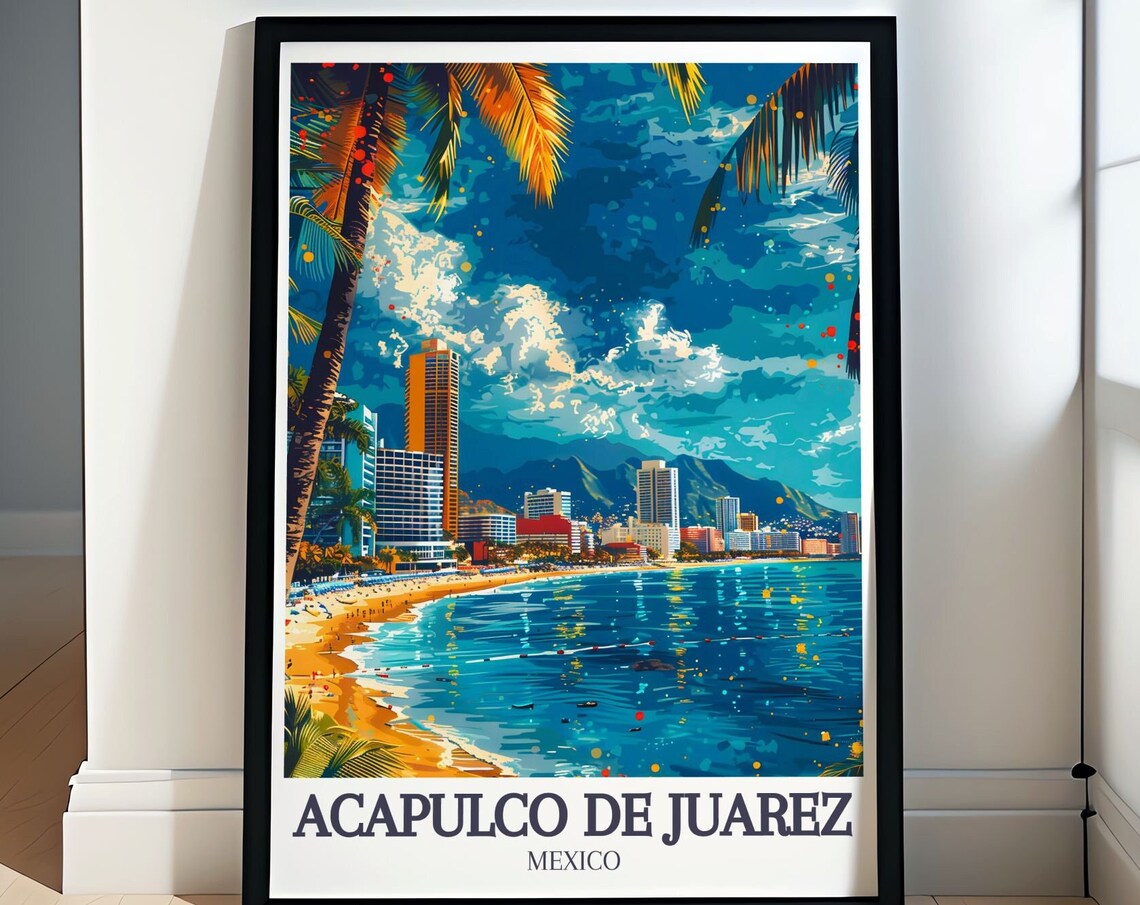 Acapulco Mexico Bay Sunny City Beach Palms Retro Travel Poster