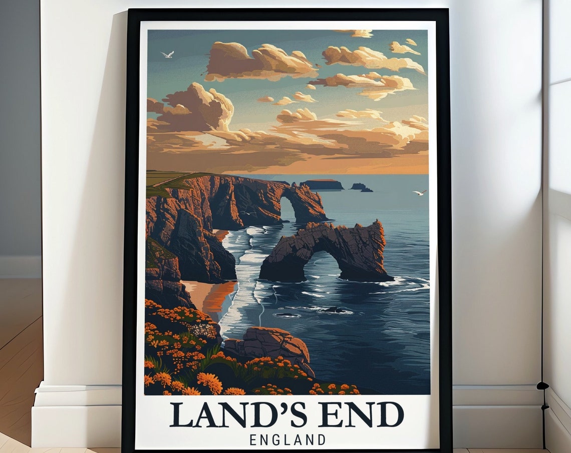 Land's End England Golden Sunset Over Sea Arches Travel Poster