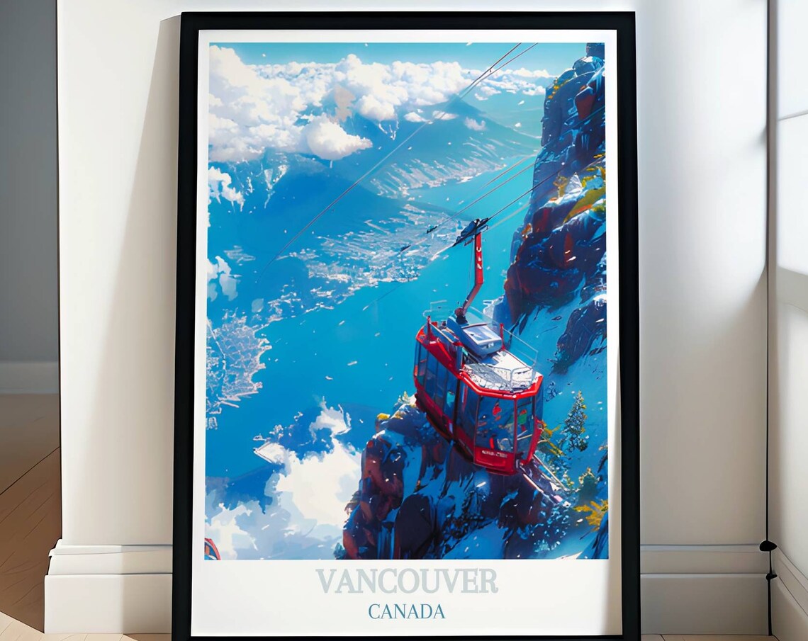 Vancouver Canada Red Gondola Cable Car Above Blue Harbour Poster