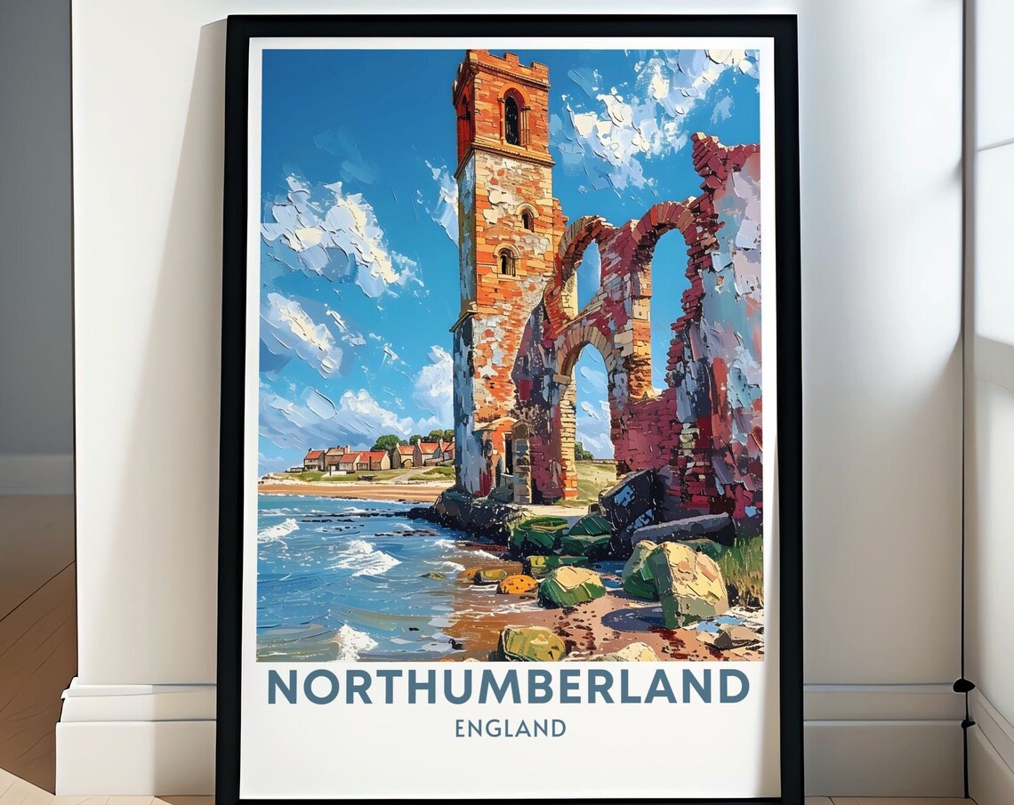 Holy Island Abbey Ruins Northumberland England Coastal Travel Poster