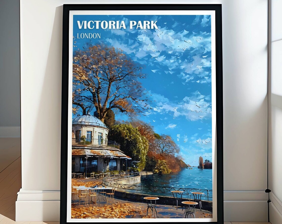 Victoria Park London Lakeside Cafe Autumn Trees Travel Poster