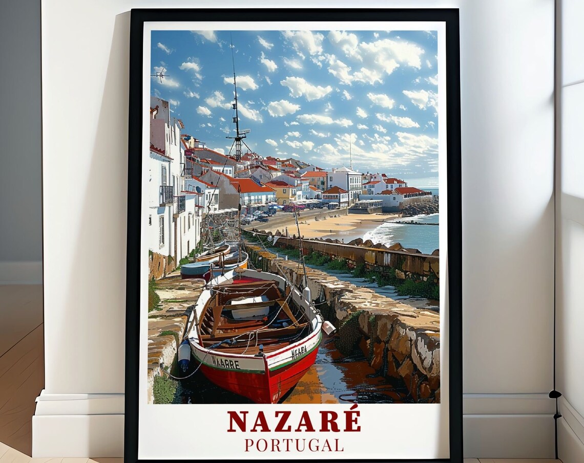 Nazaré Portugal Harbor Fishing Boats Whitewashed Town View Poster