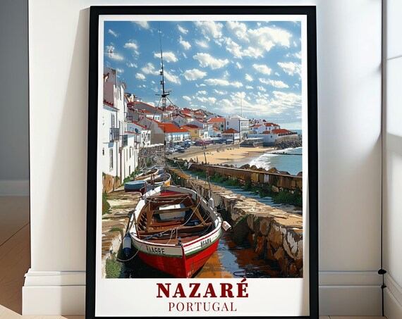 Nazaré Portugal Harbor Fishing Boats Whitewashed Town View Poster