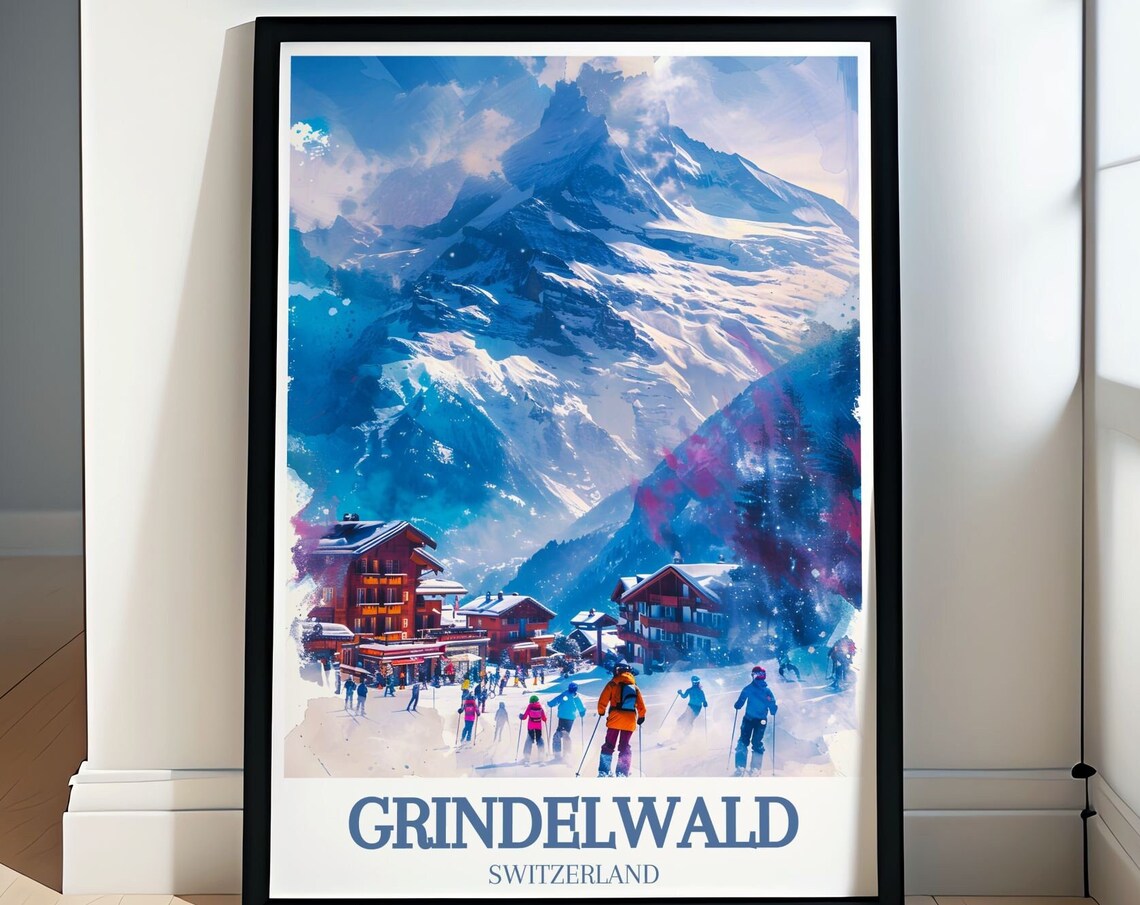 Grindelwald Switzerland Village Skiers Eiger Watercolor Poster