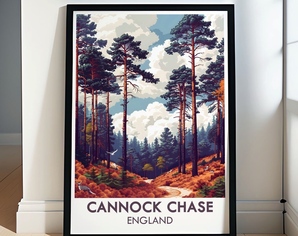 Cannock Chase England Pine Forest Retro Travel Poster With Deer