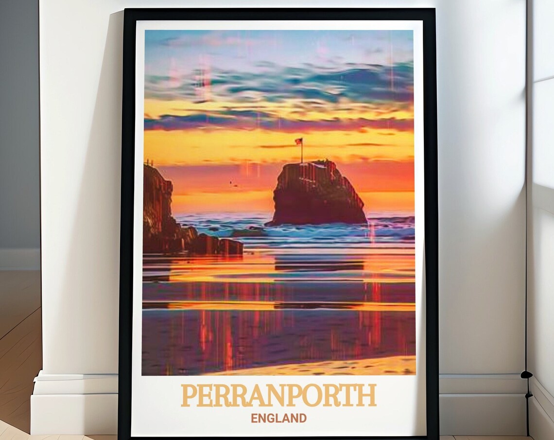 Perranporth Chapel Rock Sunset Beach England Vintage Travel Poster