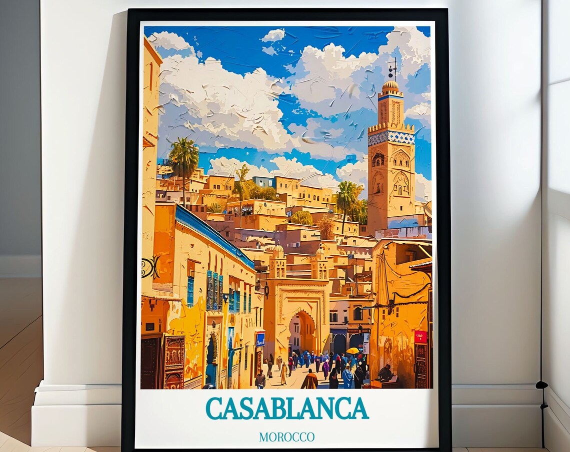 Casablanca Morocco Medina Street and Minaret Scene Art Poster