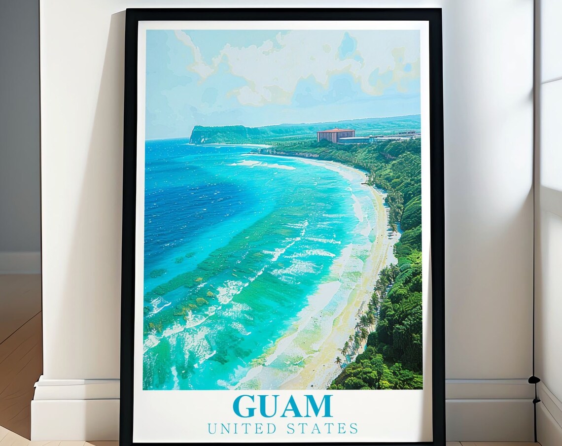 Guam Aerial Turquoise Beach and Coastal Cliffs Travel Poster