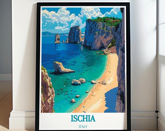 Ischia Italy Turquoise Coast Sea Cliffs Secluded Beach Travel Poster