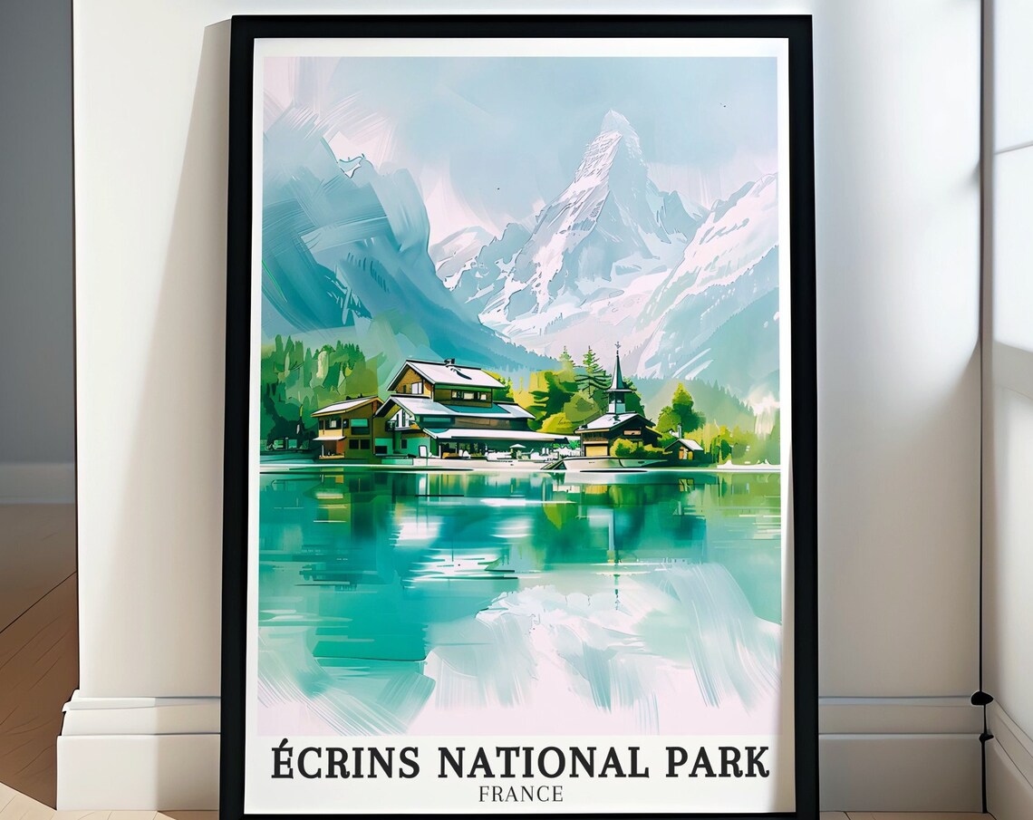 Écrins National Park France Alpine Lake Village Chalets Poster