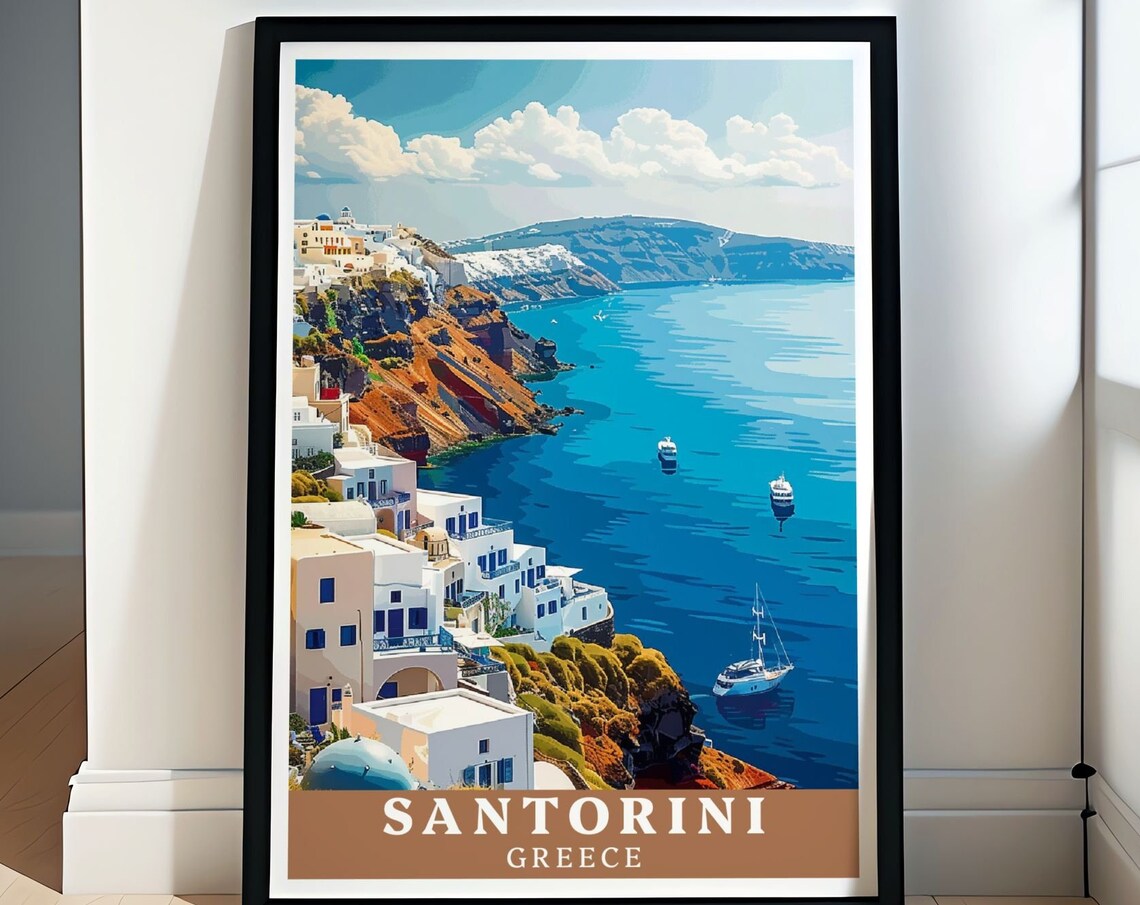 Santorini Greece Caldera Fira Cliffside Sailboats Travel Poster