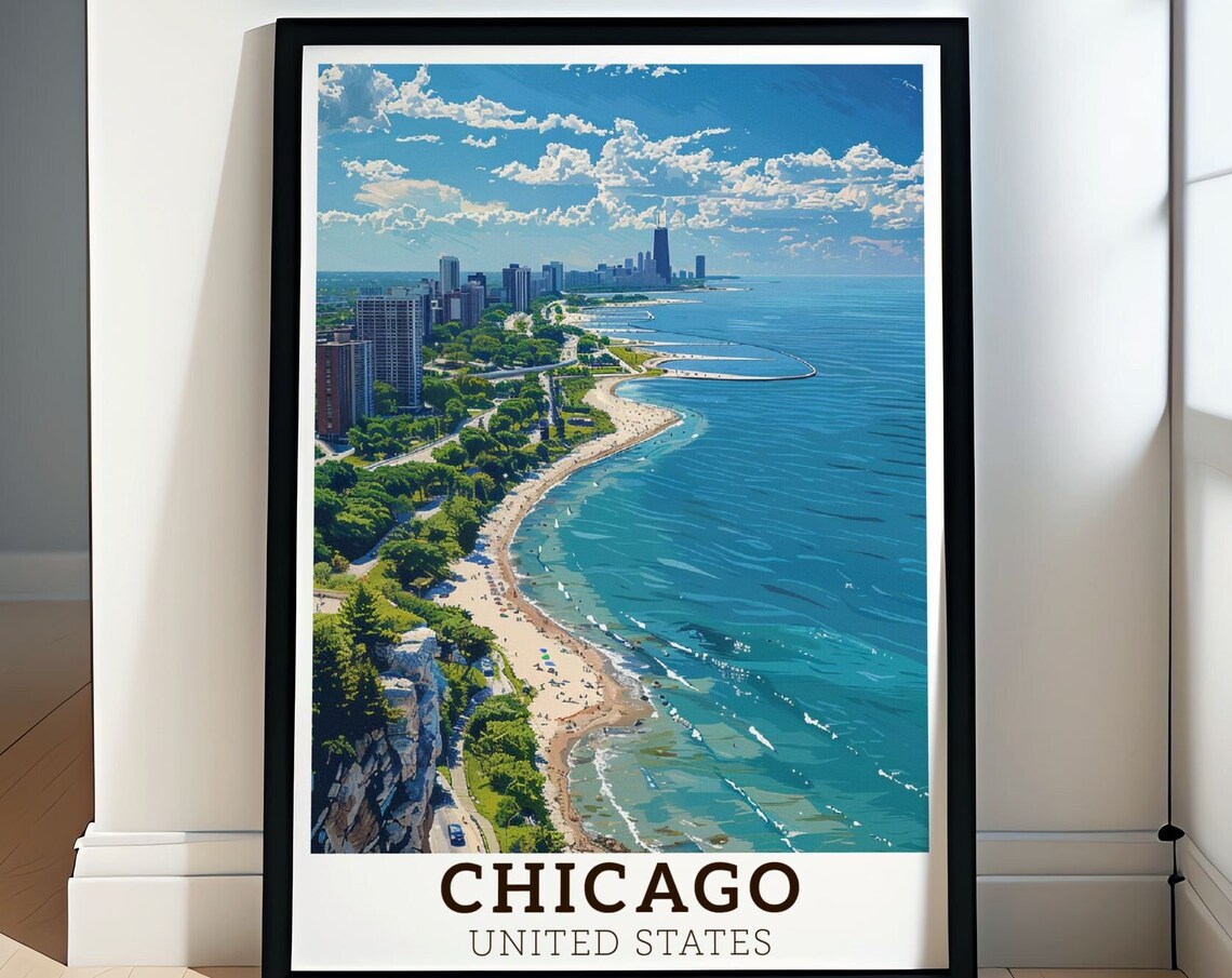 Chicago Lake Michigan Beach Skyline United States Travel Art Poster