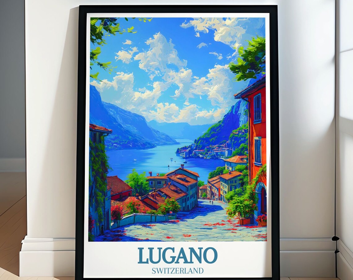 Lugano Switzerland Lakeside Village Street And Mountains Poster