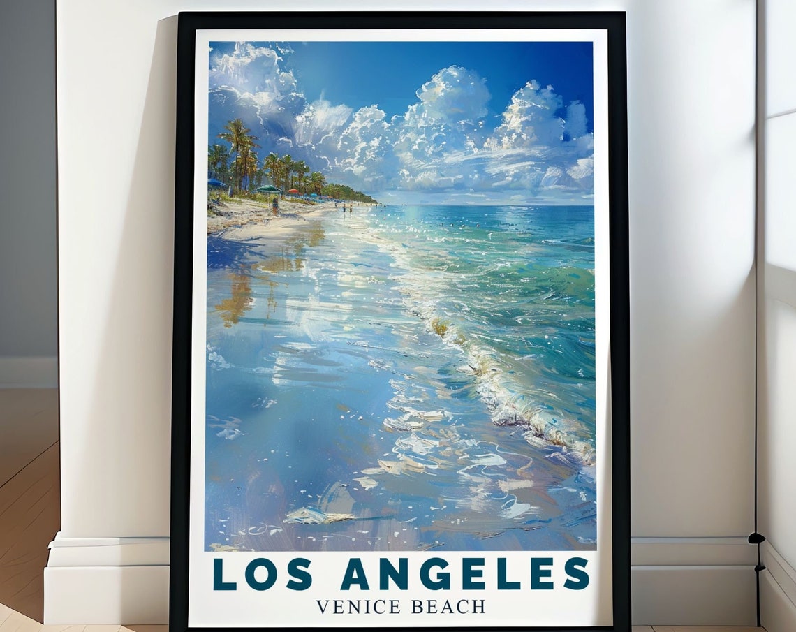 Los Angeles Venice Beach Ocean Shoreline Waves Palms Travel Poster
