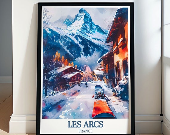 Les Arcs Ski Resort Paradiski Snowboard Decor Paradiski Retro Ski Print French Alps Decor Mont Blanc Ski Resort Poster Art