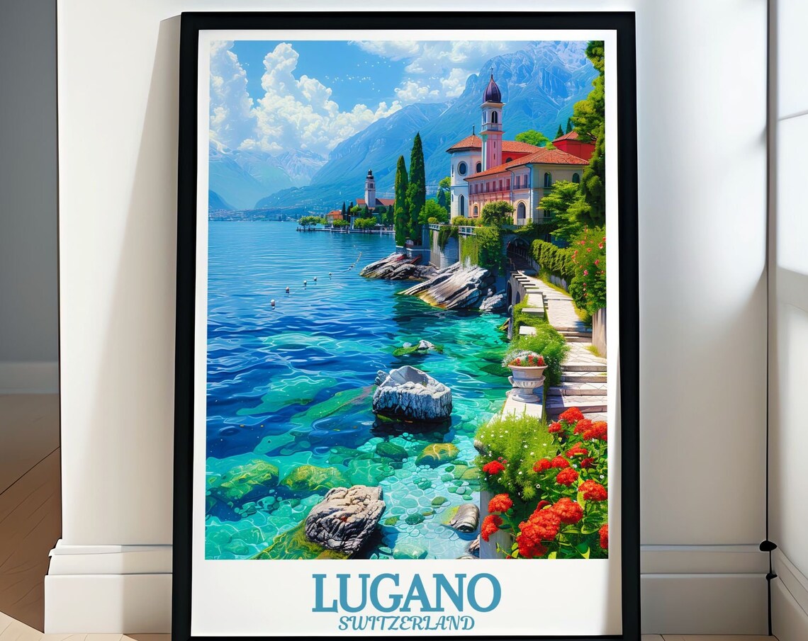 Lugano Switzerland Turquoise Lake Village Church Garden Poster