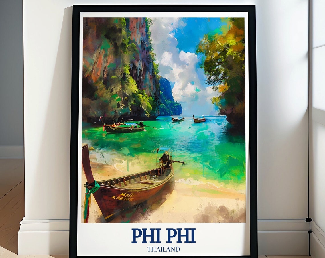 Phi Phi Thailand Maya Bay Longtail Boats in Green Cove Art Poster